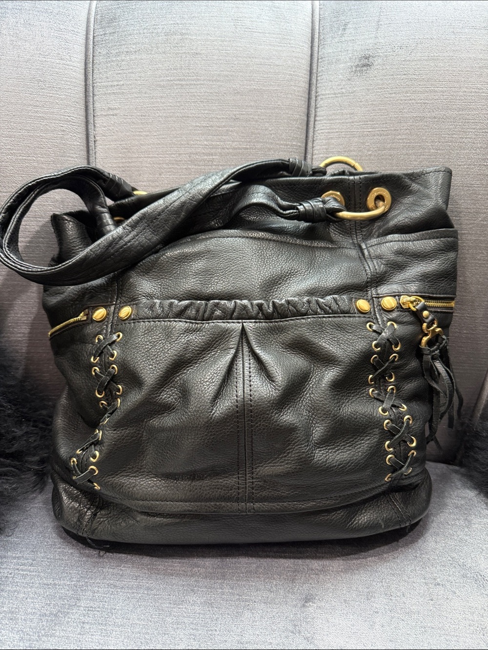 B makowsky Black Leather Tote Bag with Gold Hardware